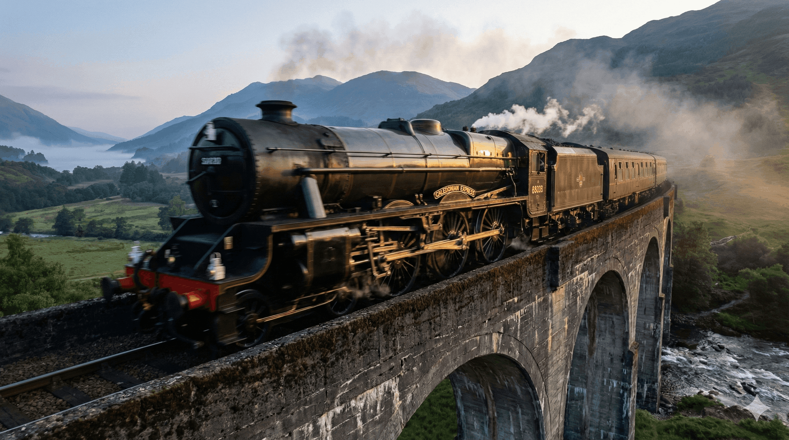 The Jacobite steam train crossing Glenfinnan Viaduct in the Scottish Highlands